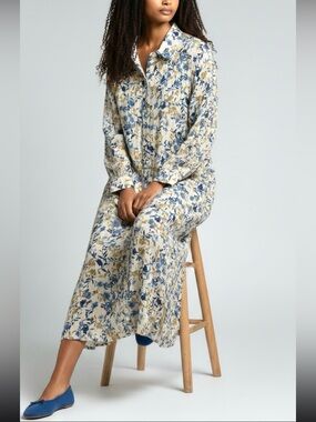 Rayon Midi Dress Floral Longline Button-Front shirt dress - Blue & Cream sz med